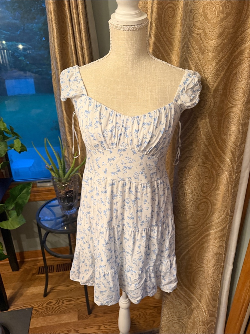 Hollister White Mini Dress with Blue Floral Print and Puff Sleeves cottage core